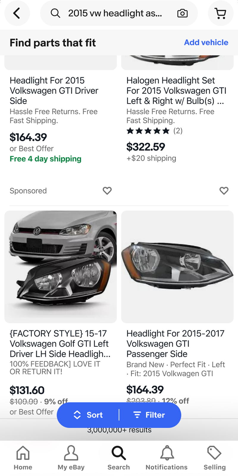 Scrolled search results with Find parts that fit and Add vehicle pinned in a bar at the top.