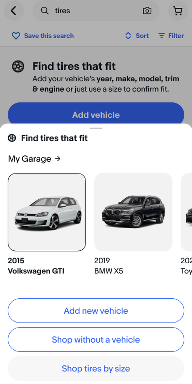 My Garage with saved vehicles.