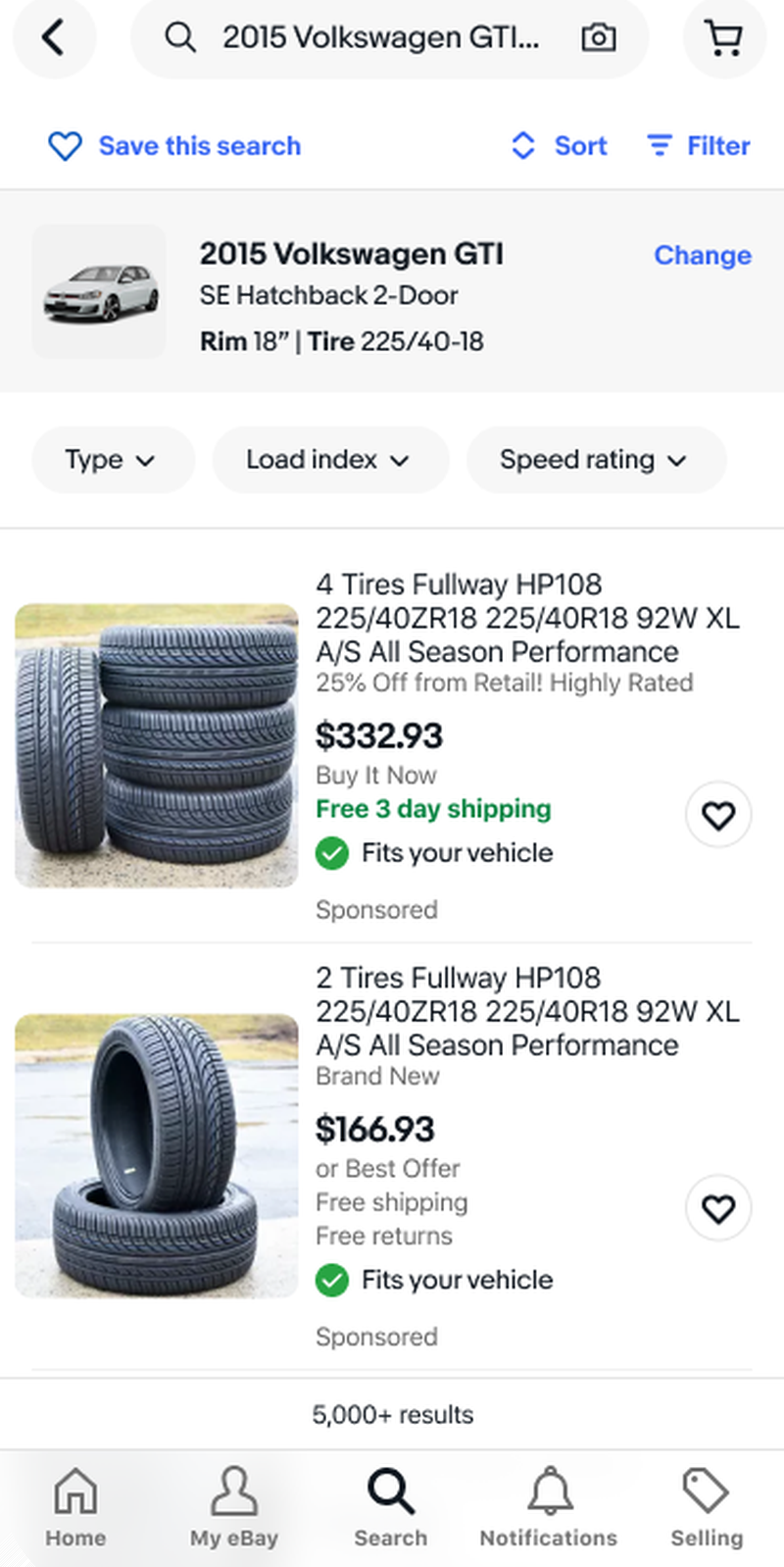 Tire search results for the saved vehicle with Fits your vehicle on listings.