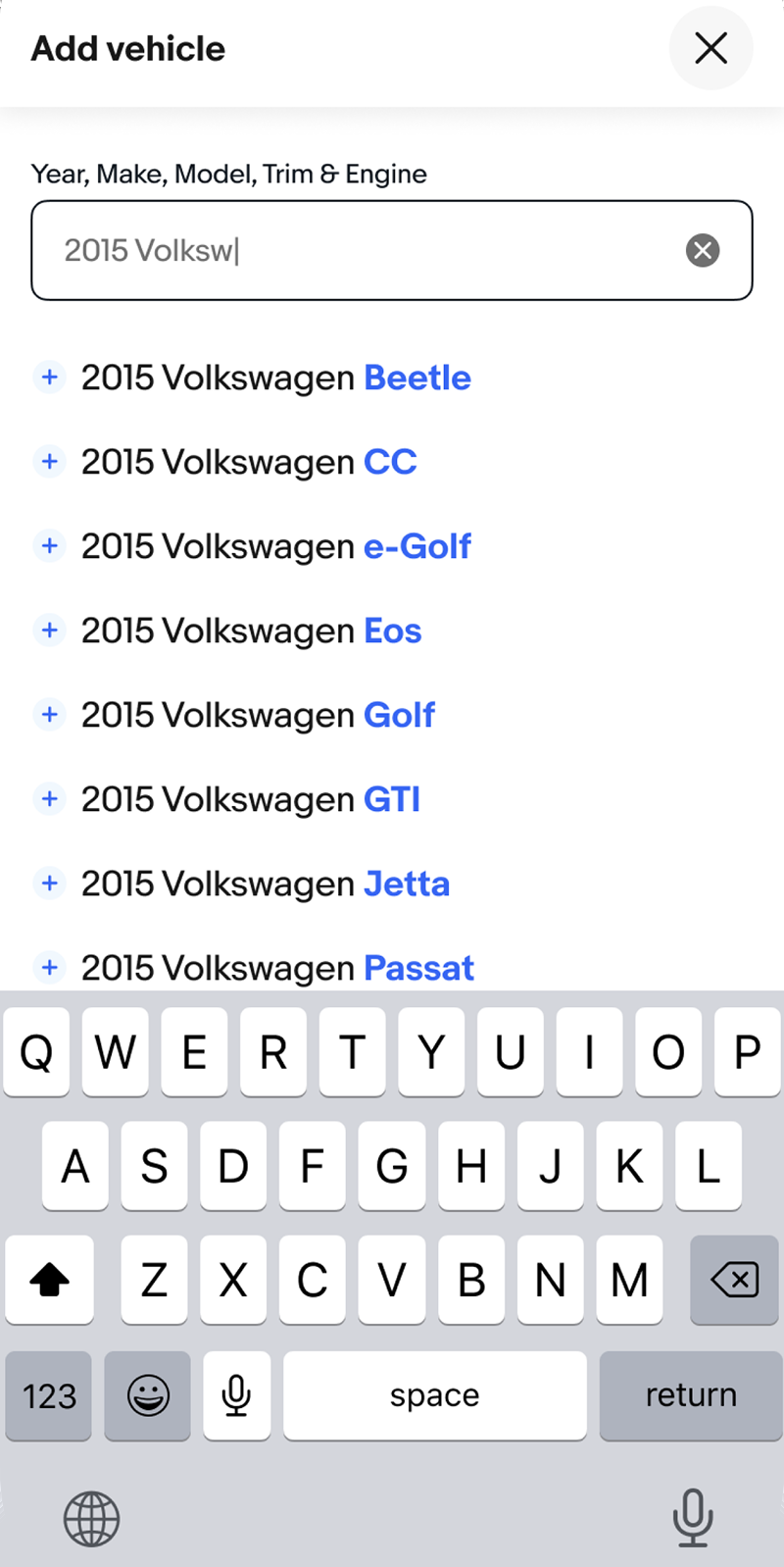 Typing 2015 Volkswagen lists the models.