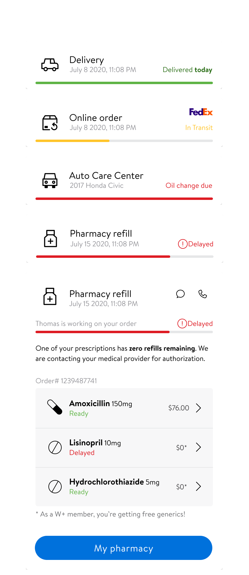 Activity feed of orders and refills, screen 5 of 12