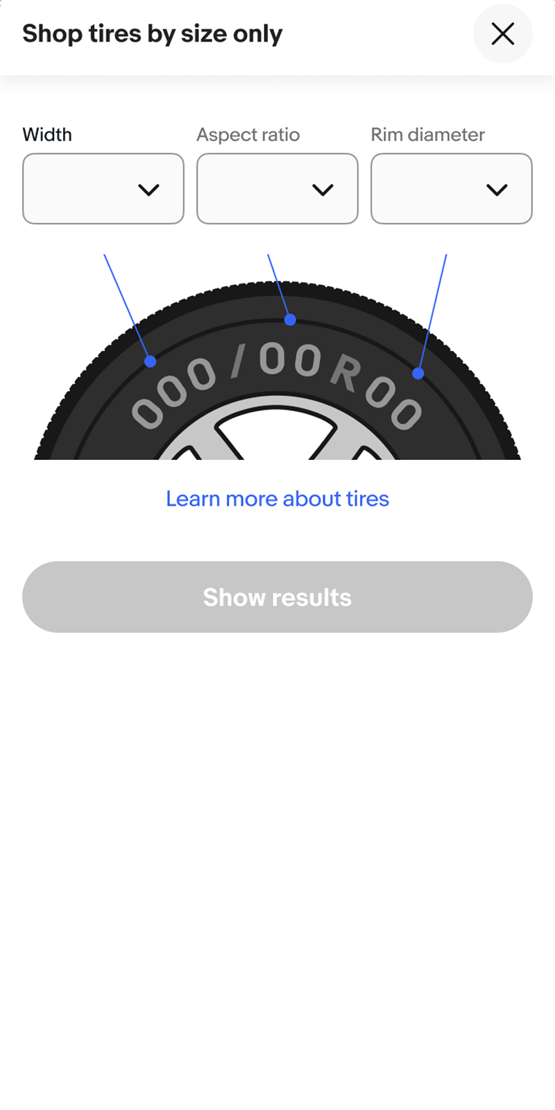Shop tires by size only, with width, aspect ratio, and rim diameter fields over a tire sidewall diagram.