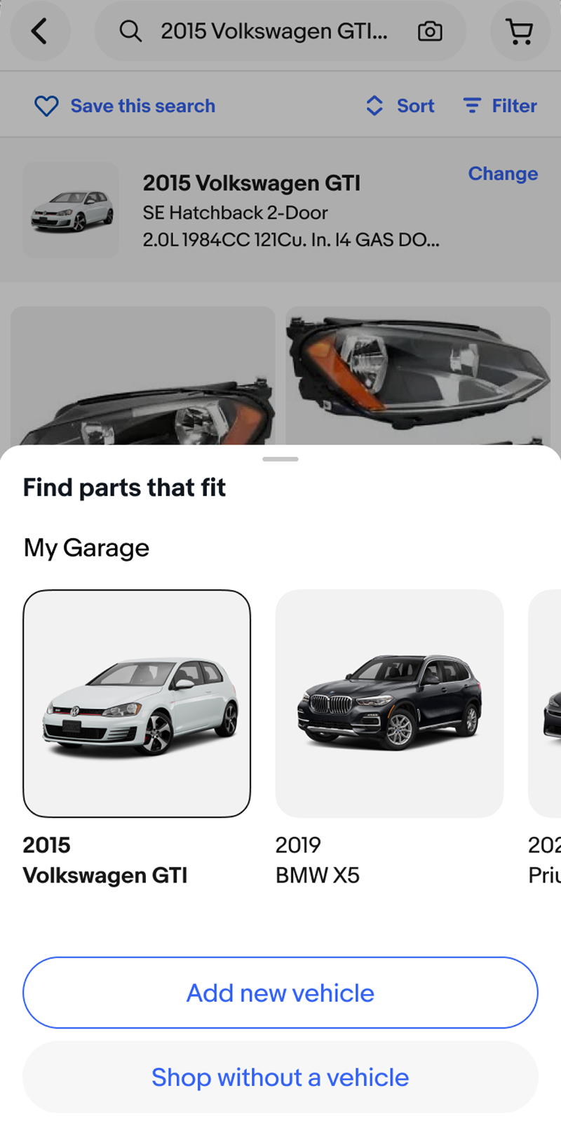 Search results for the saved vehicle, with a My Garage sheet to switch vehicles, add a new one, or shop without a vehicle.