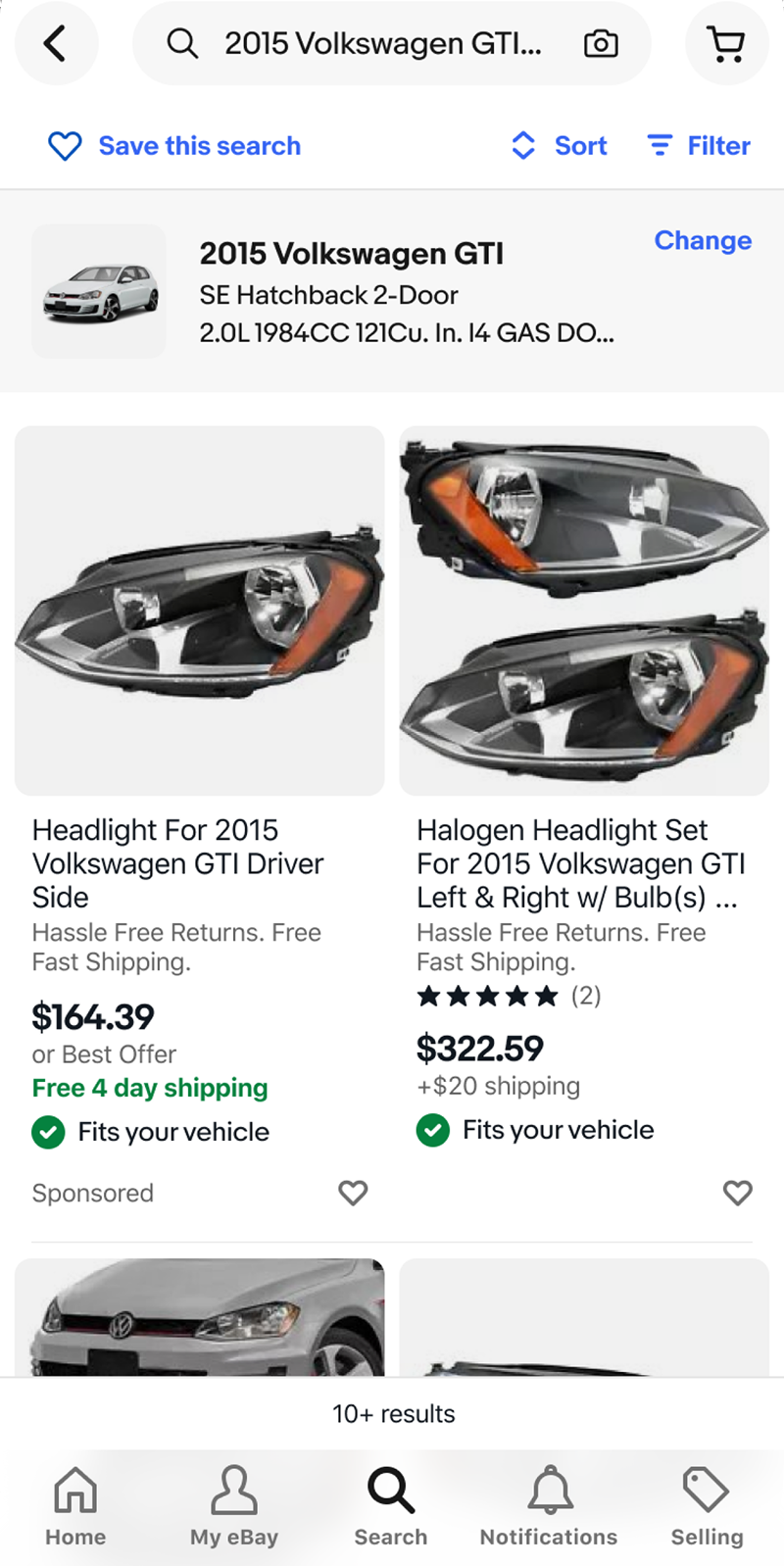 Search results for the saved 2015 Volkswagen GTI, with Fits your vehicle and a green check on each listing.