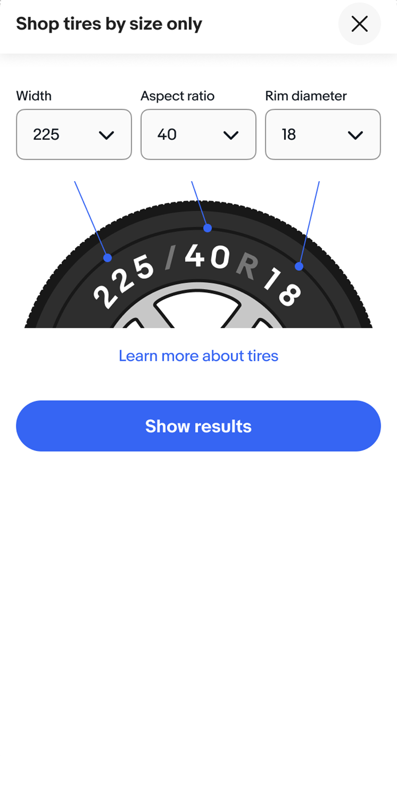 The sidewall diagram reads 225/40R18 with Show results.