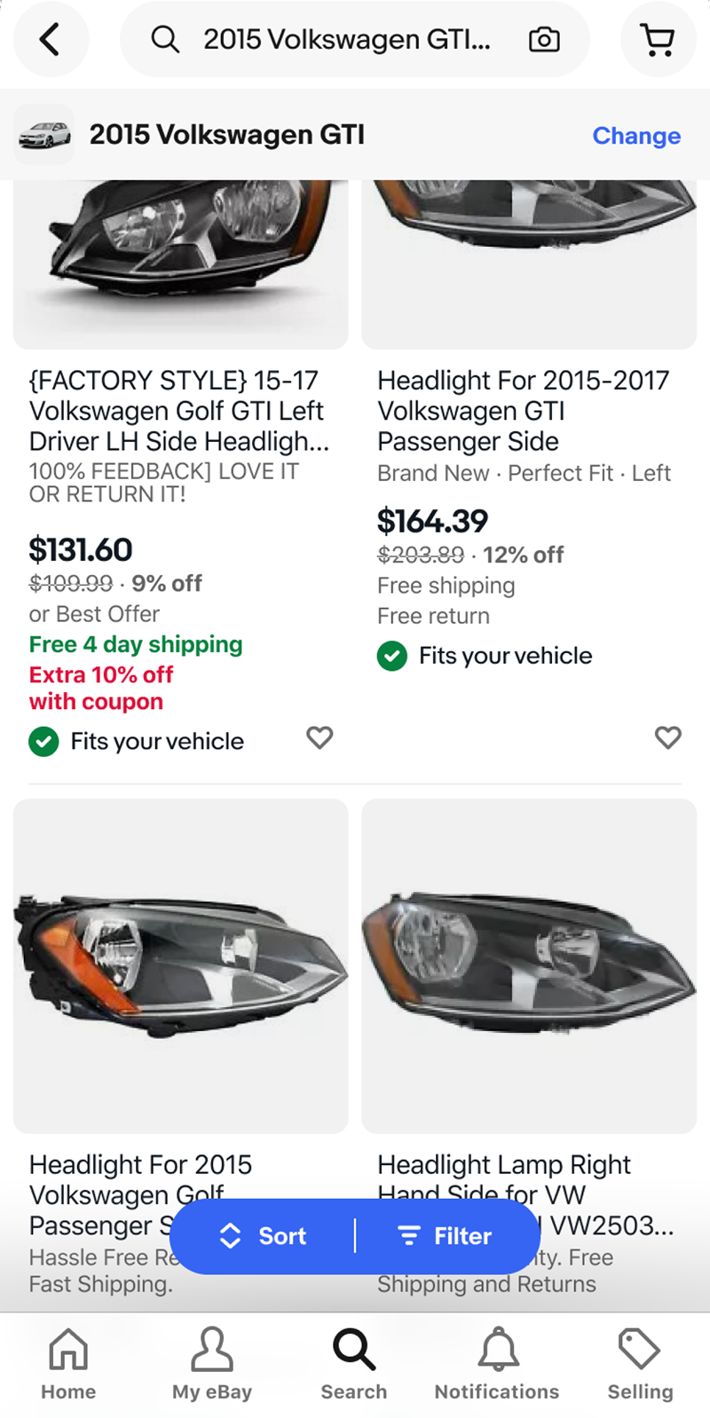 Scrolled results with the 2015 Volkswagen GTI and Change pinned at the top.