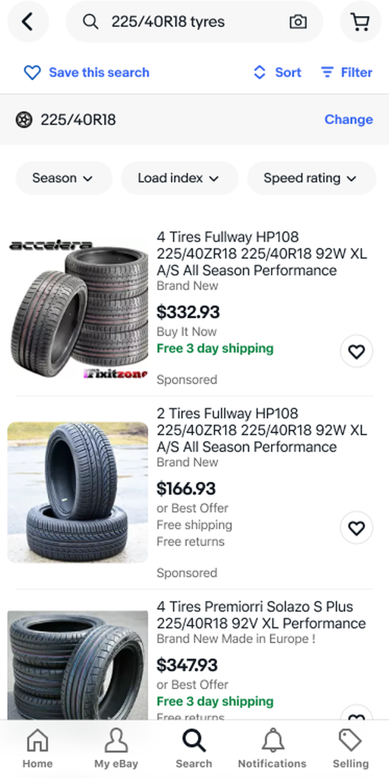 Search results by tire size.