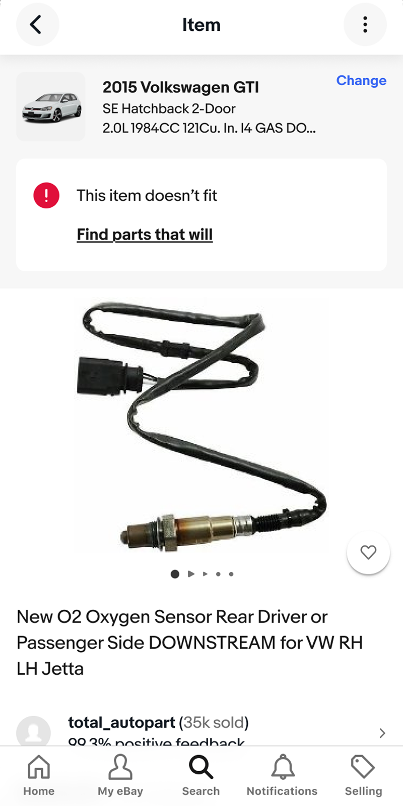 Product page with This item doesn't fit and Find parts that will.
