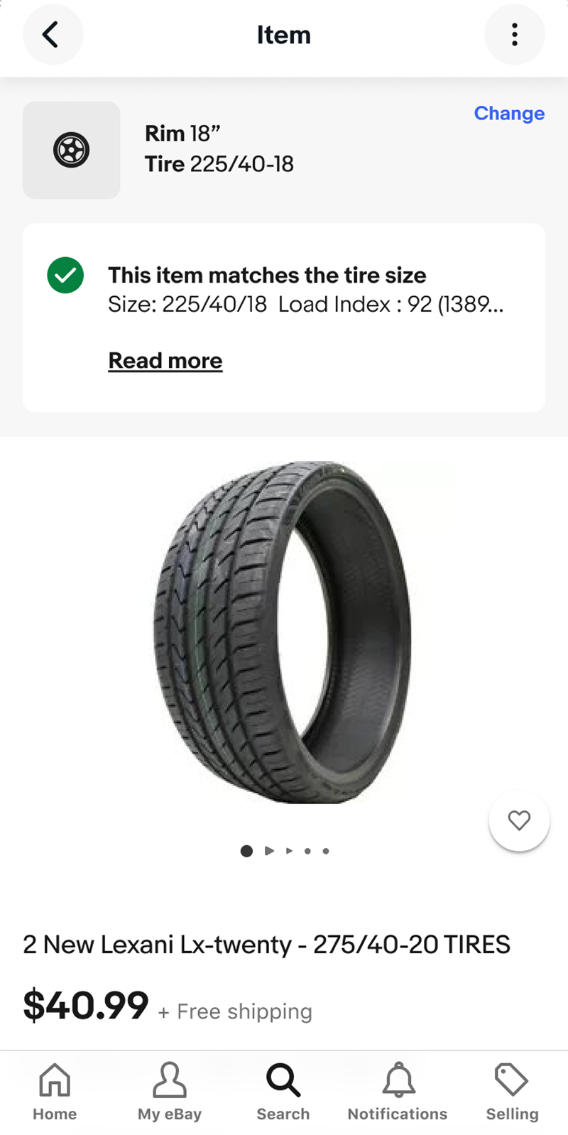 Product page with This item matches the tire size.