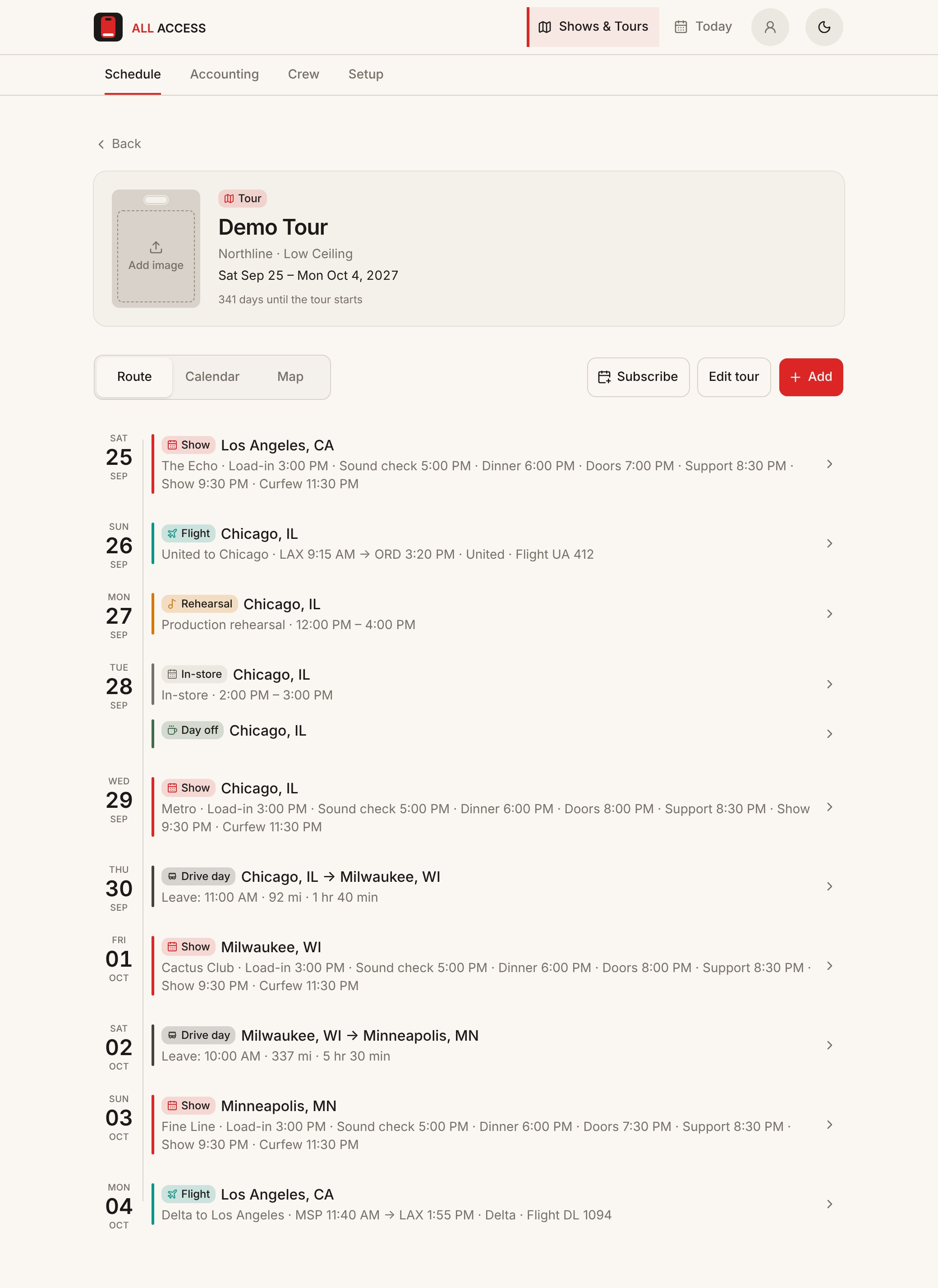 All Access on a desktop browser showing Demo Tour's Route view: the tour header with dates, Route, Calendar, and Map tabs, and the schedule from September 25 to October 4, with shows, a flight, a rehearsal, an in-store, a day off, and drive days, each with its times.