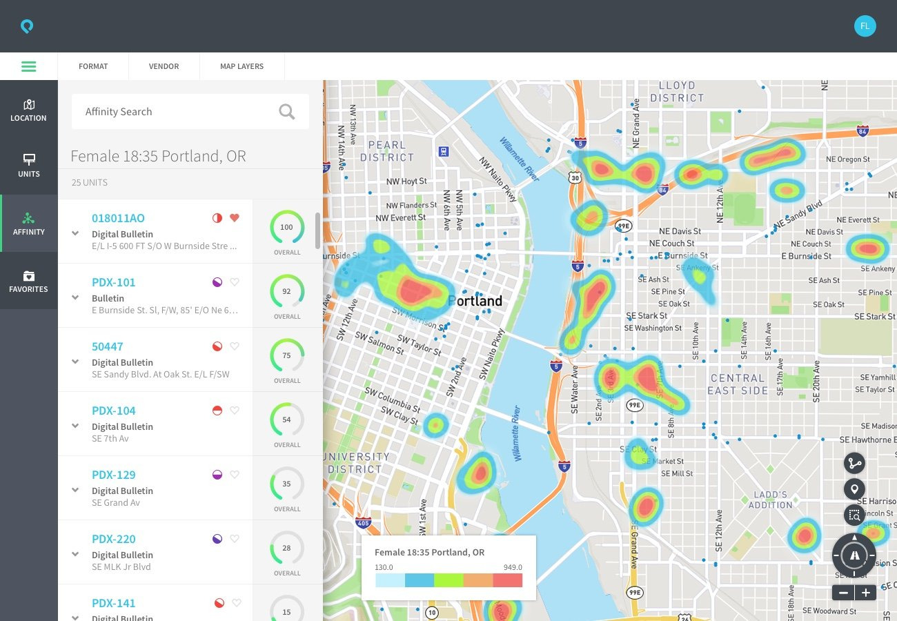 Desktop app experience with the affinity list: billboard and kiosk markers on the map, with a collapsed affinity search list.
