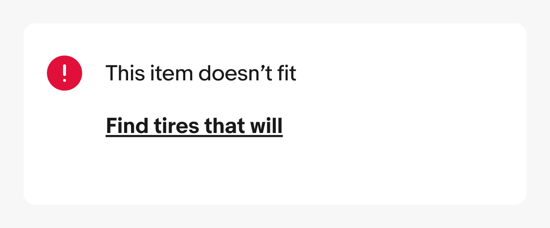 Doesn't fit: a red alert icon with This item doesn't fit and a link to Find tires that will.