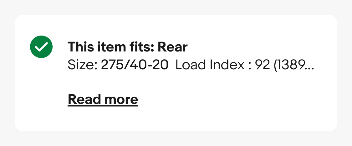 Fits: a green check with This item fits: Rear, the tire size, and Read more.