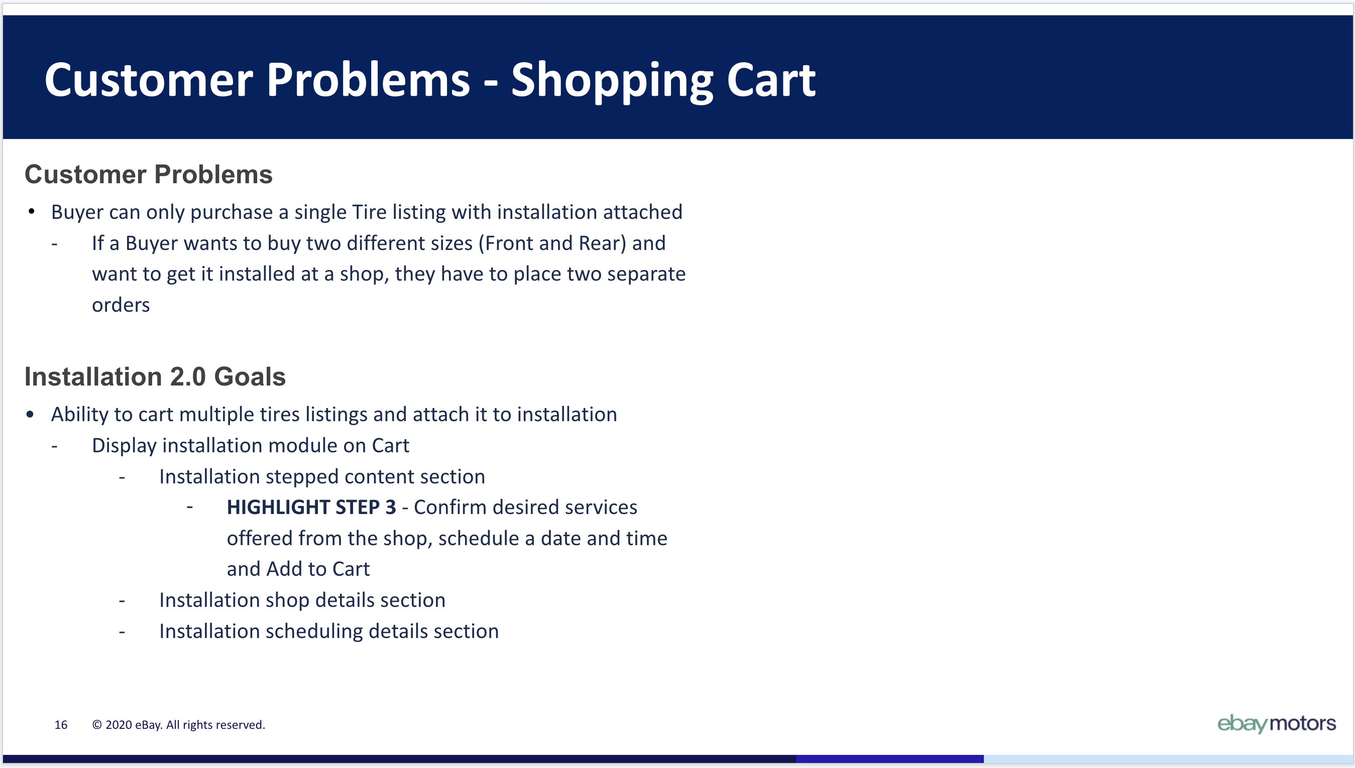 Shopping cart. Customer problems and goals for the shopping cart.